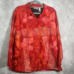Vintage Chico's‎ Design Shirt Women Size 3 US XL Red Silk Beaded Sequin Button